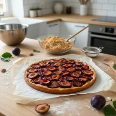 Domácí švestkový koláč na pečícím papíře v moderní kuchyni, ingredience na stole.